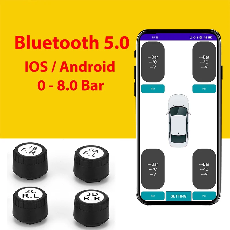 Bluetooth 5.0 Motorcylce TPMS Car Tire Pressure Monitor System With 4 Sensors For iOS Android Mobile Phone APP Monitoring Alarm