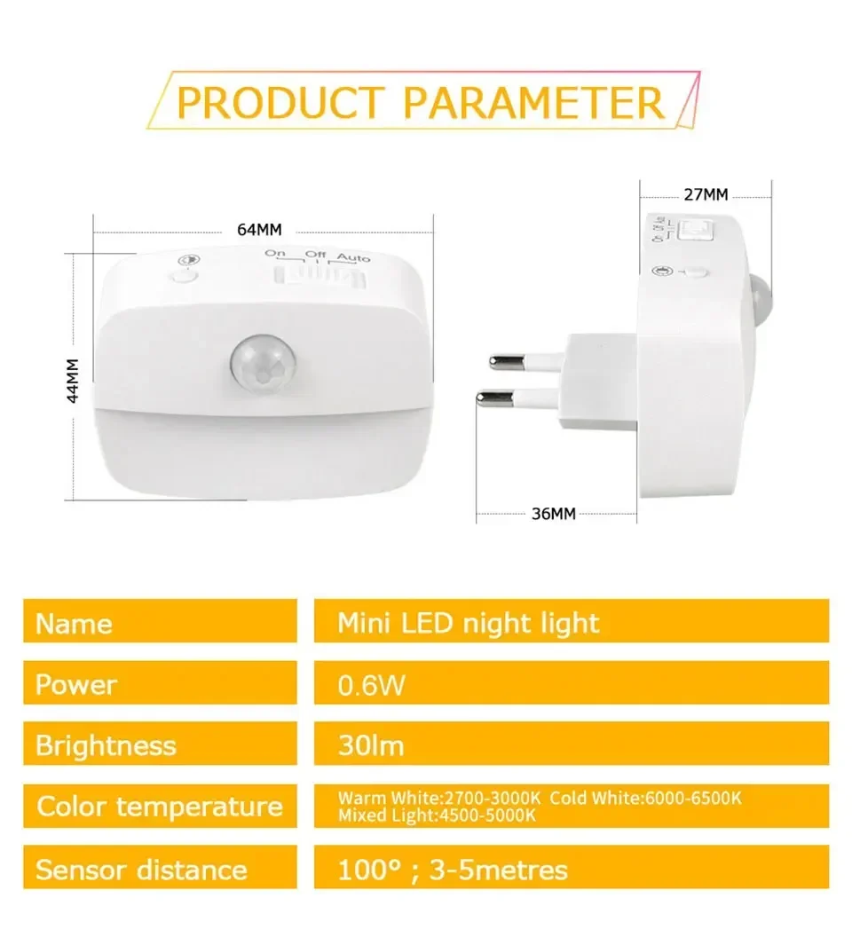 Motion Sensor LED Night Light AC 85-265V EU US Socket PIR Human Induction Lamp 3 Modes Plug In Wall Lamp For Bedroom Hallway