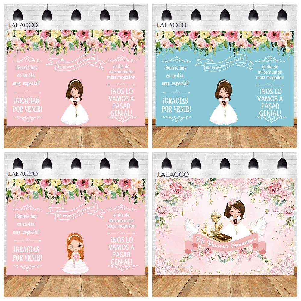 Laeacco My First Communion Baby Shower Birthday Boy Girl Baptism Photography Background Pink Flowers Princess Photocall Backdrop