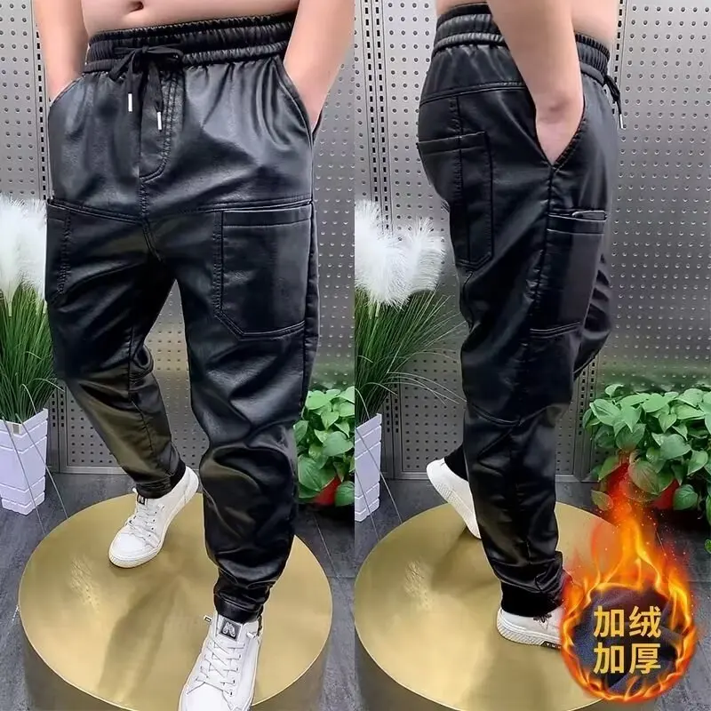 Male Leather Pants Men's Hip Hop Harem Loose Trousers Outdoor Jogger Sweatpants Male Slim Leather Pants Men's Clothing PU Pants 6