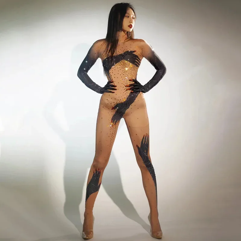 

Sparkly Rhinestones Stretchy Jumpsuit Long Sleeves Gloves for Women Tights Performance Dance Costume Singer Show Stage Wear