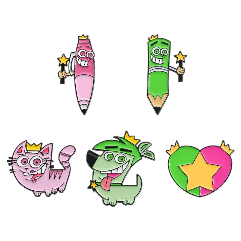 Comedy Animation Fairly Oddparents Enamel Pins Cute Cartoon Timmy Cosmo and Wanda Poof Metal Brooch Badge Backpack Accessory Gif