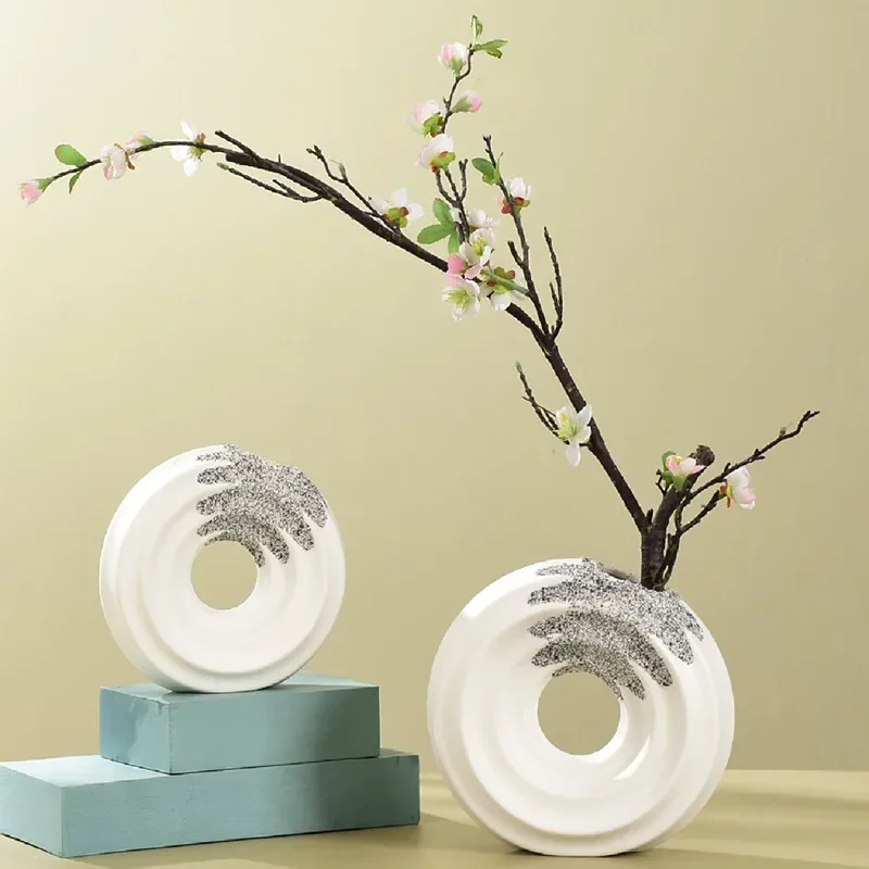 Nordic Retro Ceramic Vase Home Decoration Circular Flower Ware Creative Dry Insertion Living Room Bedroom, Table Decoration, 1PC