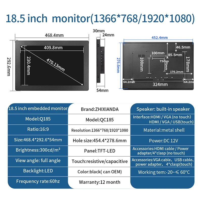 1000 Nits г Ʈ  Ӻ  LCD   ġ ũ ÷, VGA HDMI USB , 18.5 ġ
