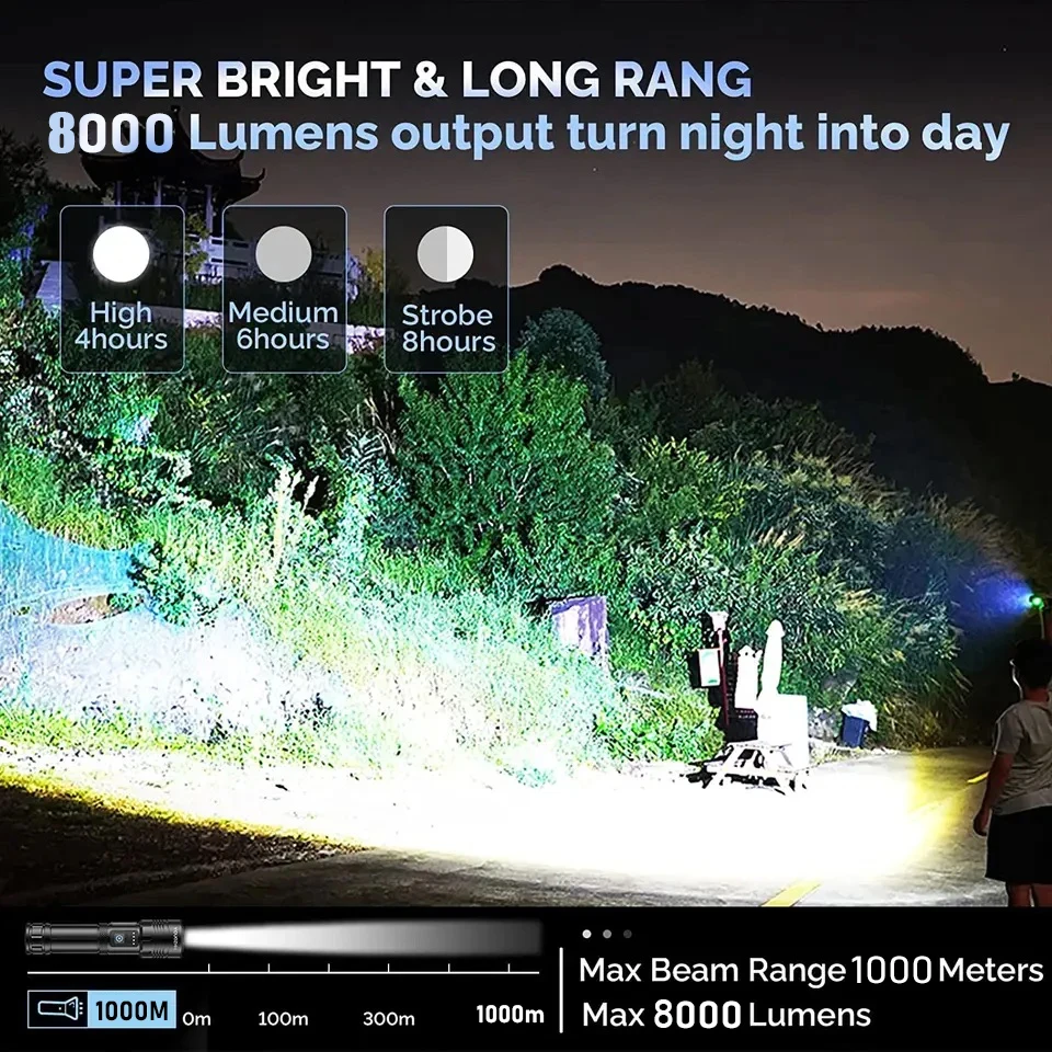 9000LM LED 강력한 충전식 손전등 고전력 LED 손전등 방수 토치 전술 랜턴