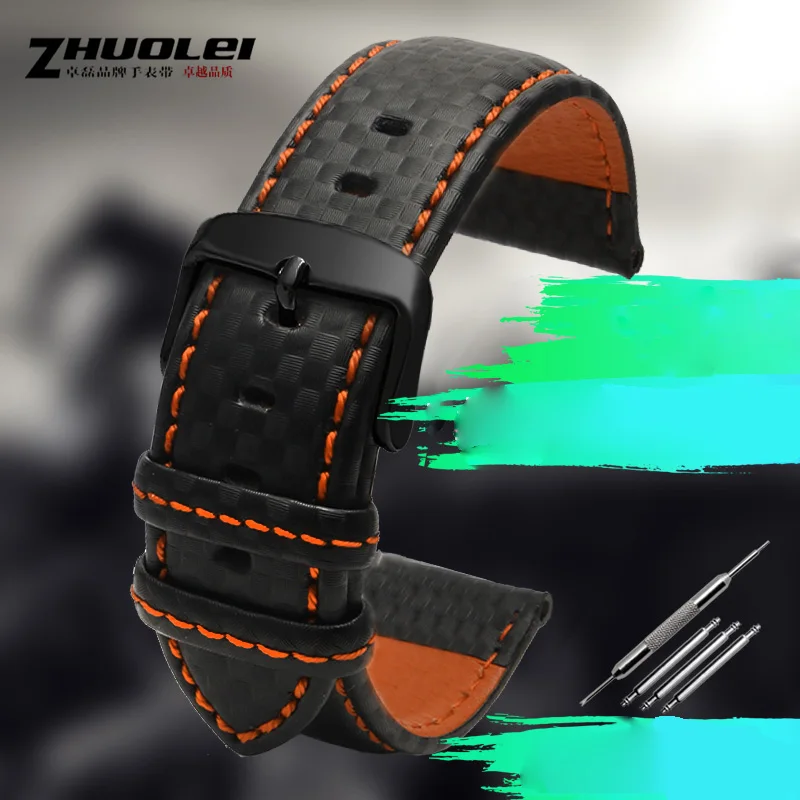 Durable Black Genuine Leather Watchband with Orange Stitching and Silver Clasp