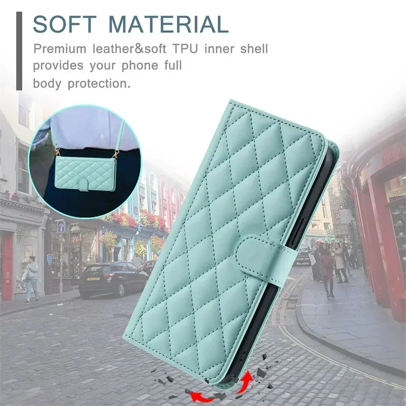 Leather Wallet Phone Case with Long Lanyard - Card Holder Cover