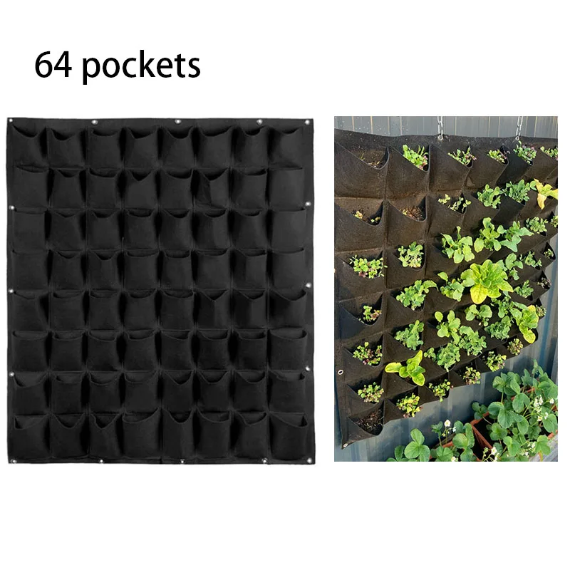 

64 Pockets Wall Hanging Planting Bags Vertical Garden Wall-mounted Grow Bags Flower Plant Nursery Bags Outdoor Jardinage Yard B3