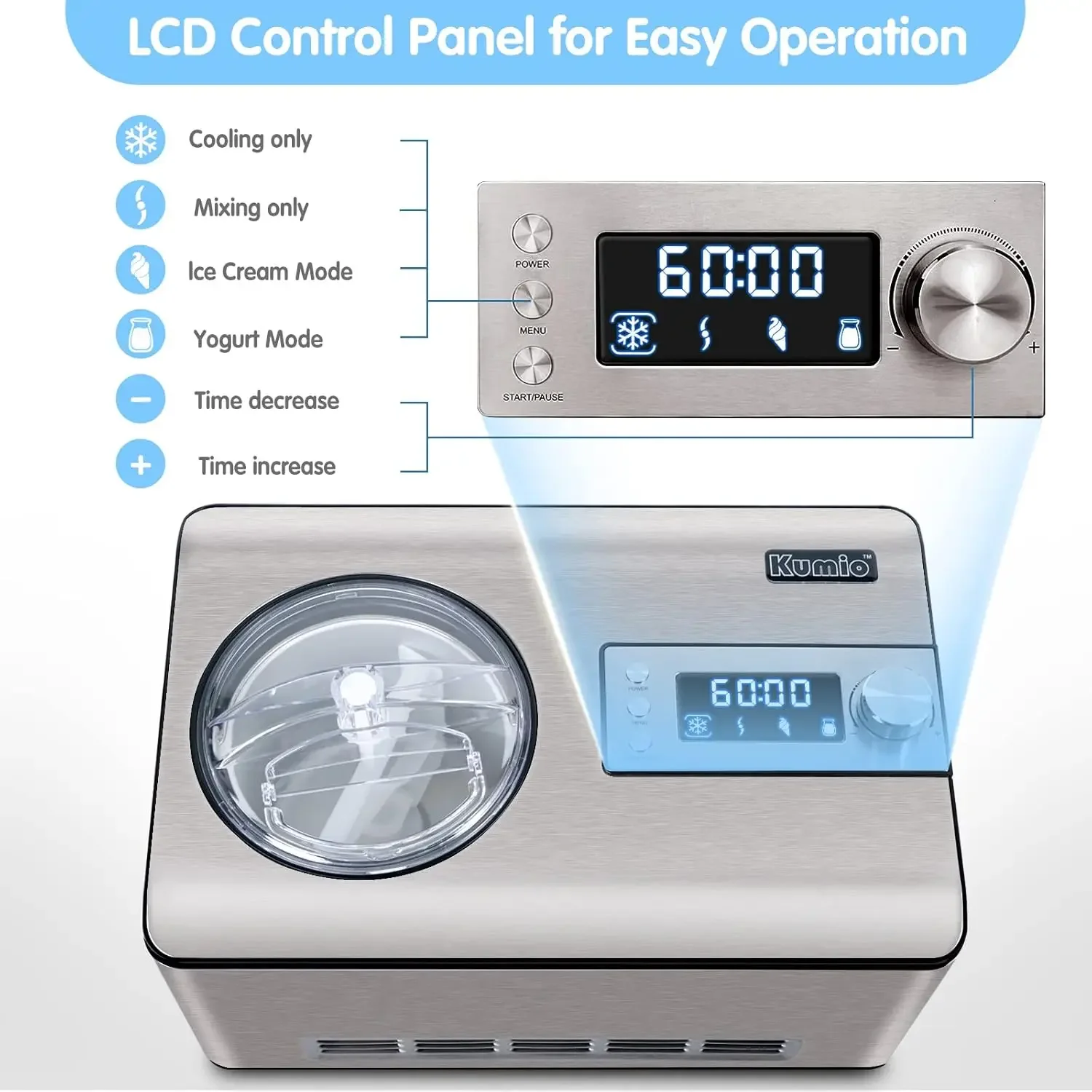 2.2-Quart Ice Cream Maker with Compressor, No Pre-Freezing, Stainless Steel Ice Cream Maker Machine with LCD Display, Time