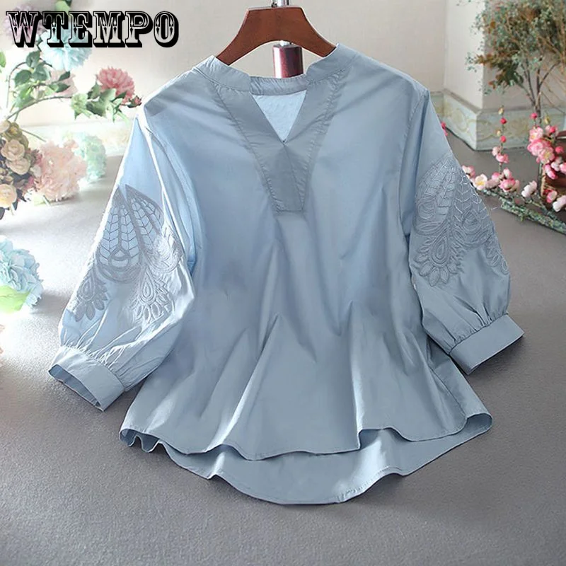 

WTEMPO Embroidered Shirt Women Summer Female Fashion Solid Color Top Lantern Sleeve Loose Blouse Belly Thin V-neck Shirt