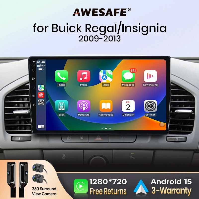 AWESAFE CarPlay inalámbrico Android Auto para Opel Insignia A (G09) 2008-2017, radio para coche, reproductor multimedia, estéreo, Wi-Fi, navegación GPS, 2 Din, autorradio, sistemas inteligentes para coche, 1280*720 IPS, unidad principal, FM, RDS, DSP, SWC, BT, Plug and Play, ISO 1