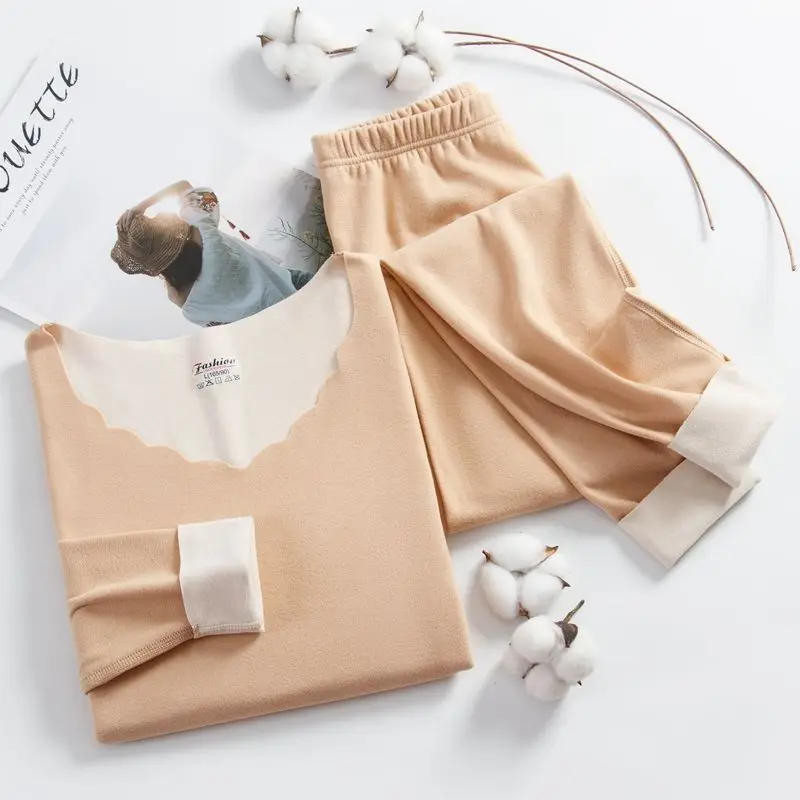 Women Thermal Underwear Winter Long Sleeve Bottoming Flower V-neck Tops Pants Long Johns Solid Soft High Waist Thermal Clothing