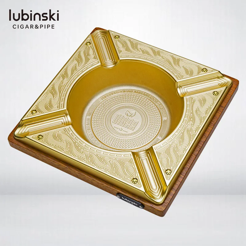 

LUBINSKI Delicate Gold Wooden Cigar Ashtray Hold 4 Cigars Decorative Office Living Room Square Ashtrays With Gift Box