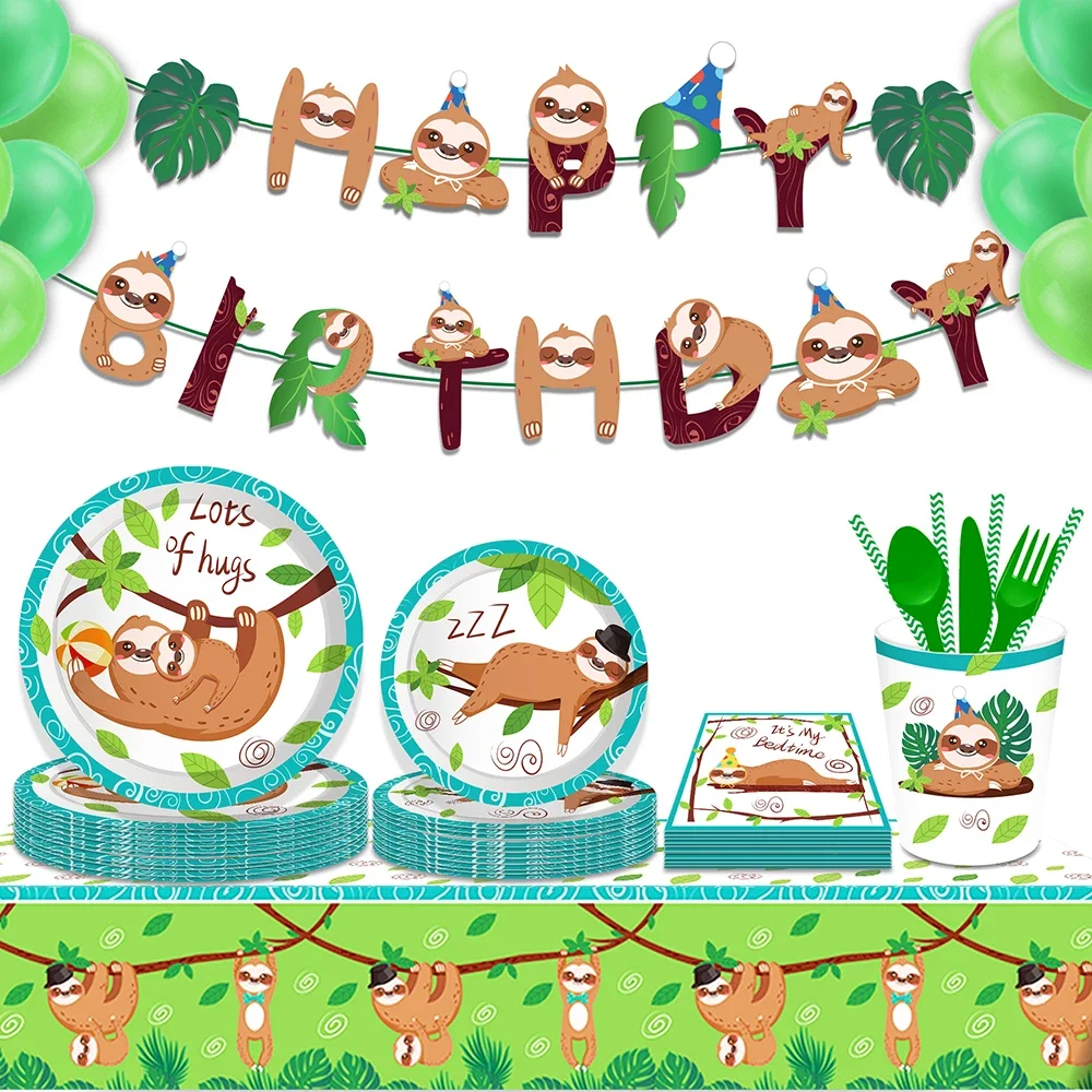 Description Picture 2 of itemCartoon Animals Sloth Jungle Birthday Party Disposable Tableware Sets Banner Backdrops Wild ONE Baby Shower Party Decorations