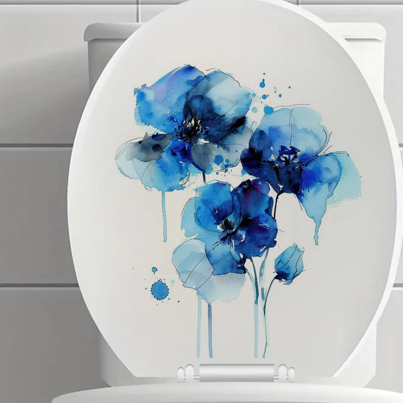 C1118# Various Blue Flowers Toilet Stickers, Bedroom Entryway Living Room Porch Home Decoration Wall Stickers, Removable Sticker