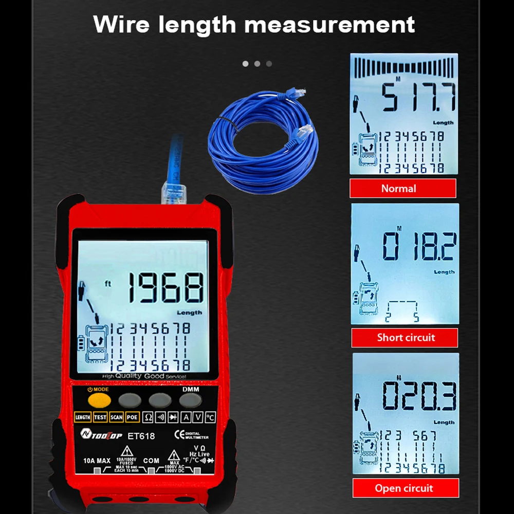 TOOLTOP ET618PRO Network Cable Tester LCD Display Analog Digital Search POE Cable Pairing Length Wiremap Detector