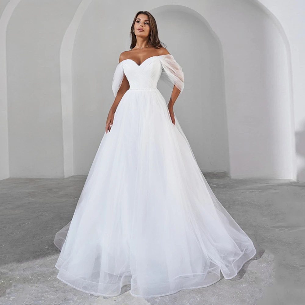 Wedding Dress Customized Off The Shoulder V Neck Pleat Sweep Train Soft Tulle A Line Corset Bridal Gown Vestido Novia 4