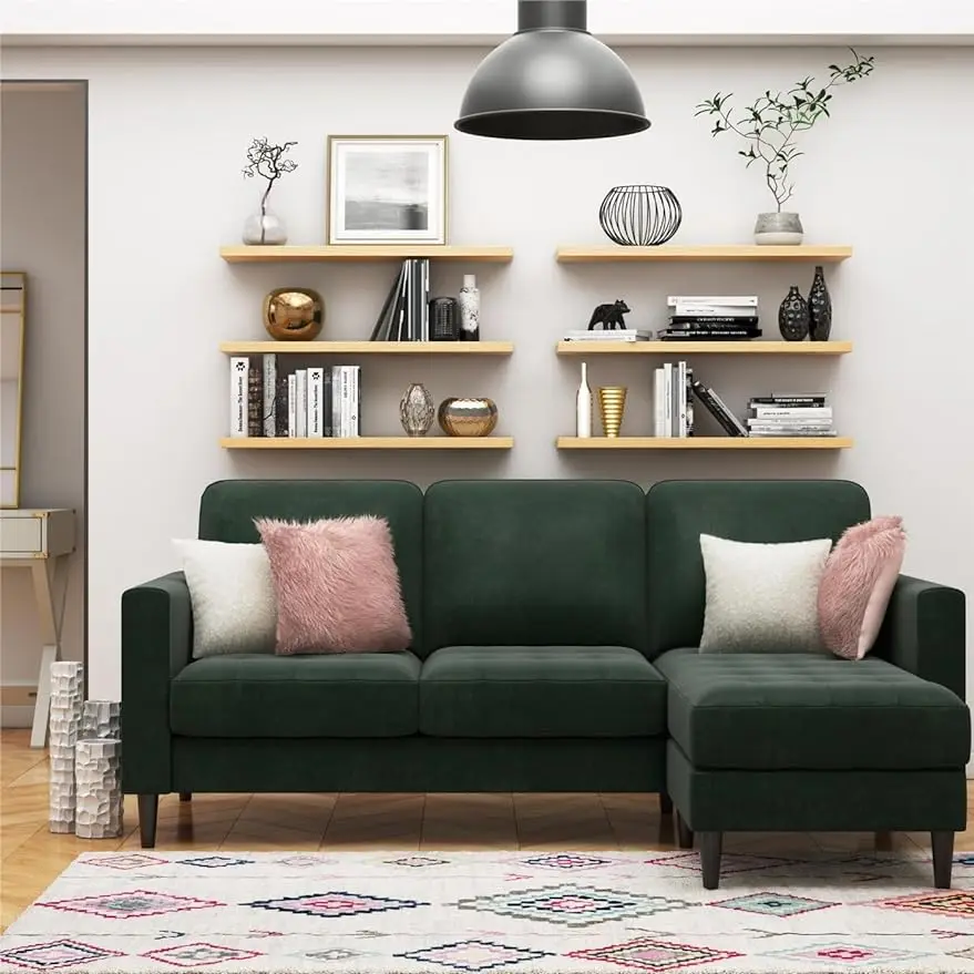 

Modern Reversible Sectional Couch Upholstered in Green Velvet Fabric with Floating Ottoman