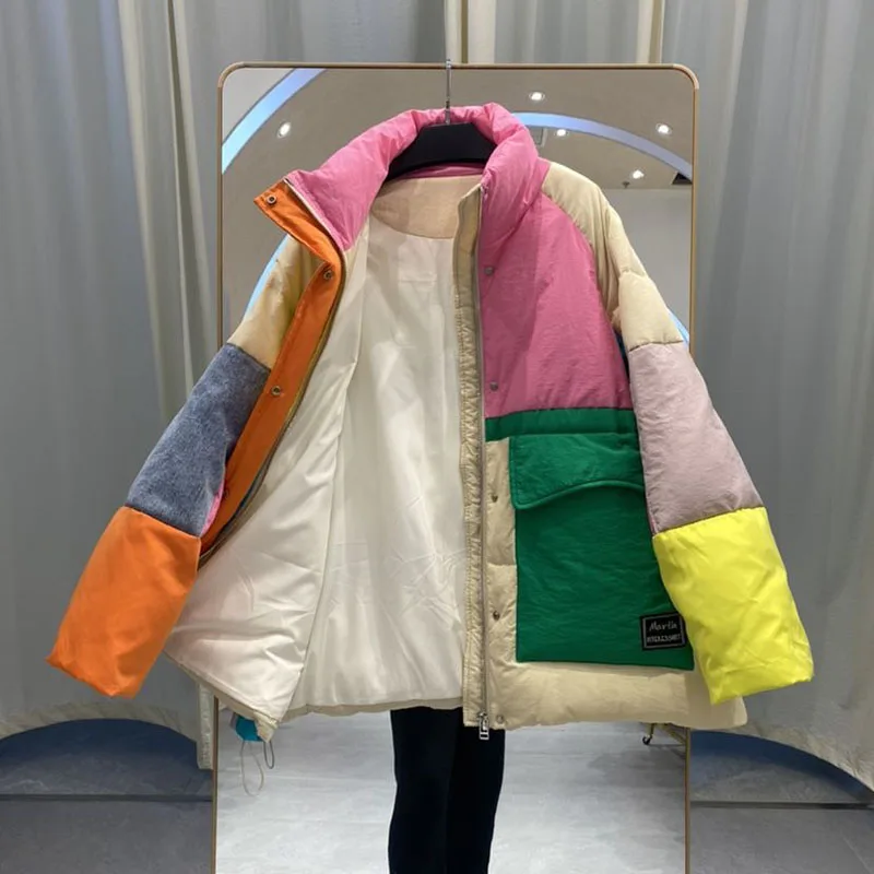 Loose Overcoat 2024 Winter New Color Contrast Splicing Standing Collar Down Jacket Fashion Long-Sleeved Women\'s Down Jacket Y219