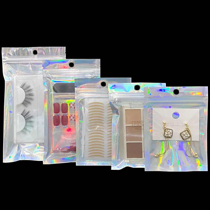 

200/100/50pcs Laser Ziplock Bag Jewelry Sealed Plastic Bags Rainbow Eyelash Nail Art Makeup Cosmetic Transparent Storage Pouches