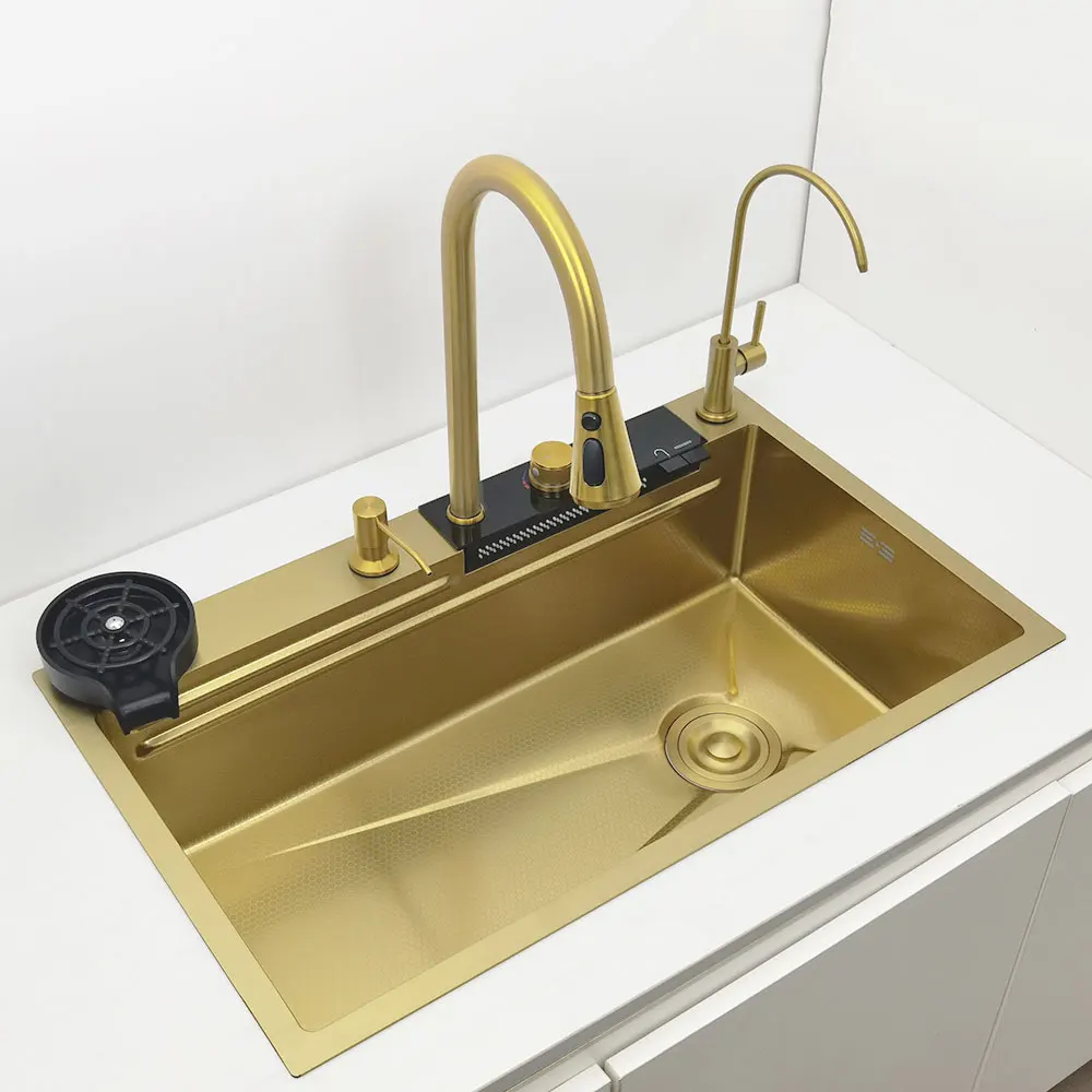 Gold LED Waterfall Kitchen Sink Large Single basin honeycomb anti-scratch nano technology Stainless Steel Sink LED Faucet 3