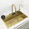 Gold LED Waterfall Kitchen Sink Large Single basin honeycomb anti-scratch nano technology Stainless Steel Sink LED Faucet 3