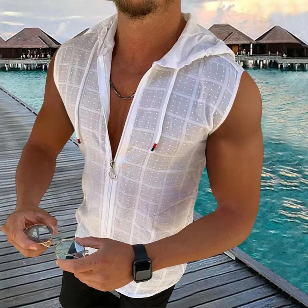 Plaid Stitching Zipper Placket Sweatshirt Vest Solid Color Drawstring Men Bodybuilding Hooded Vest Top Streetwear