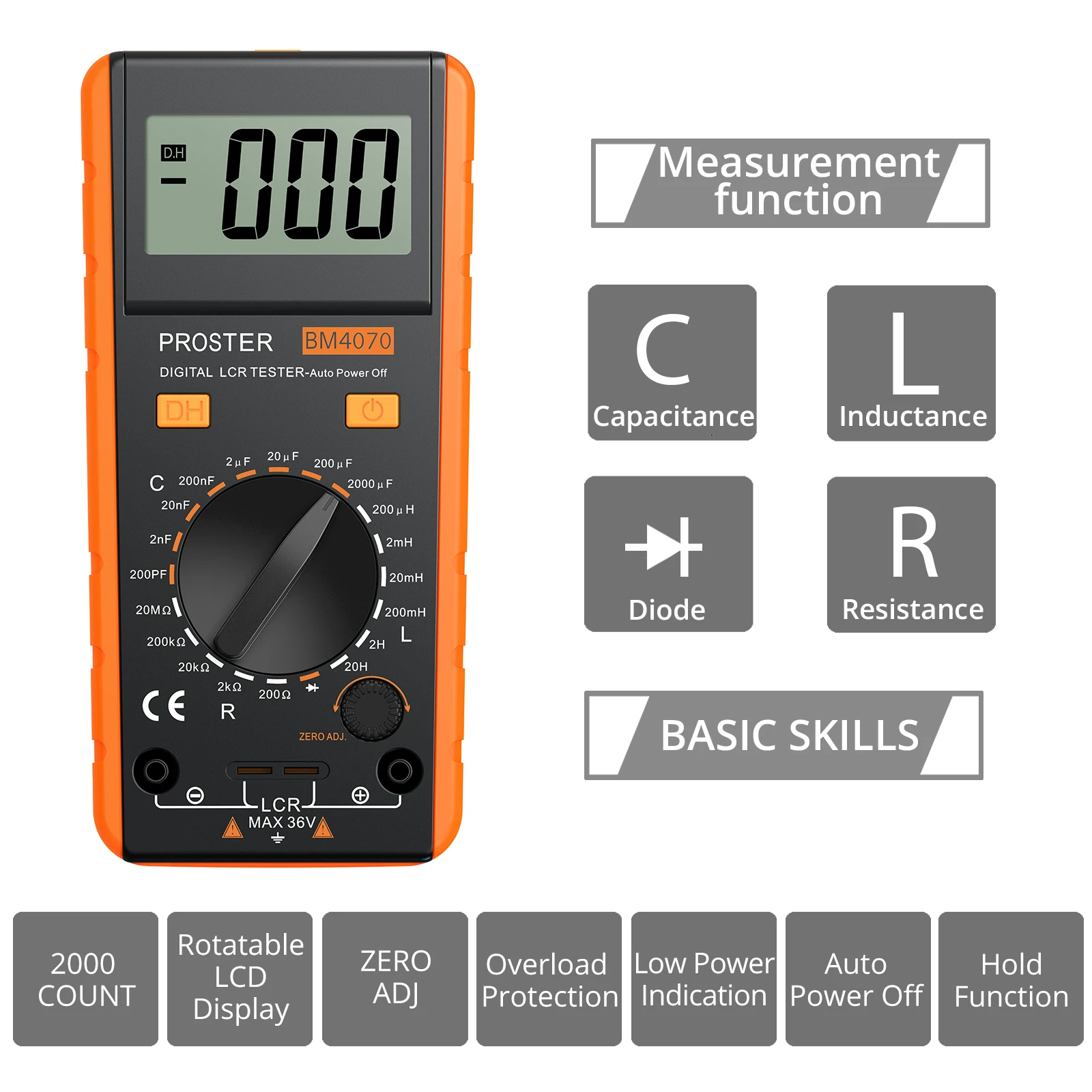 Digital Multimeter Proster LCR Meter Tester Tool Kit for Inductance Capacitance Resistance LCD Display BM4070