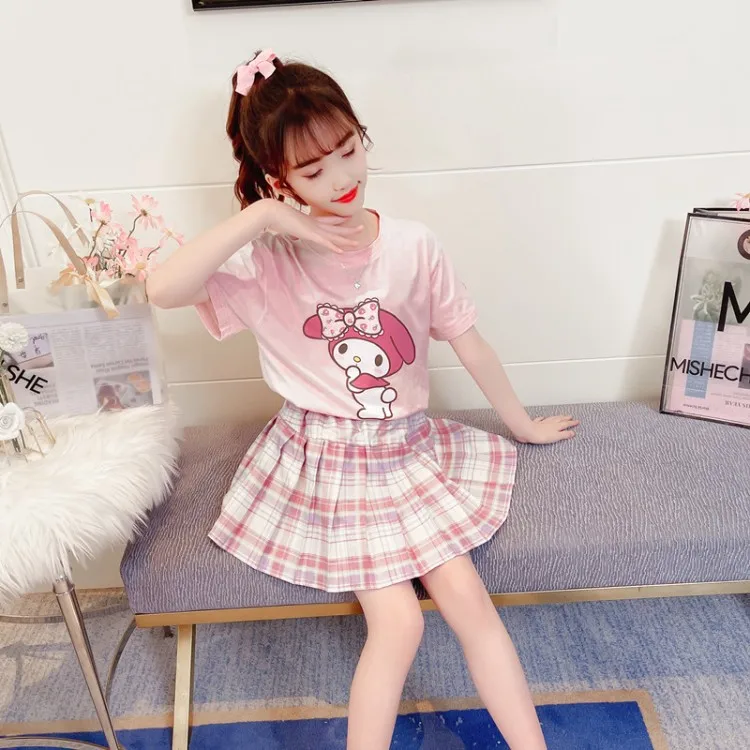 

Pretty Sanrio Cartoon Girl T-Shirt Suit Cinnamoroll My Melody Summer Short Sleeve College Jk Uniform Skirt Kids Birthday Gift