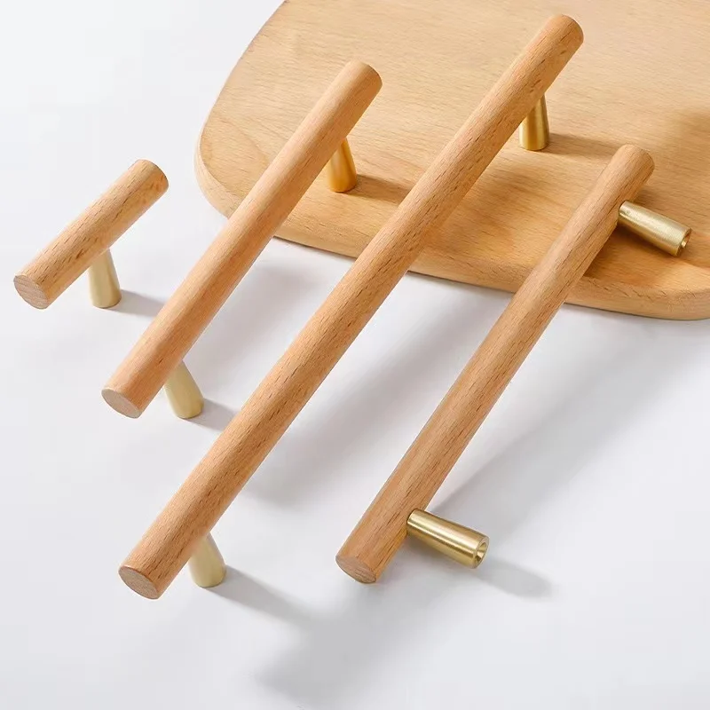 Nordic Walnut Wooden Handles Long Wardrobe Wood Furniture Pulls Drawer Cabinet Door Knob T Bar Decoration Furniture Hardware