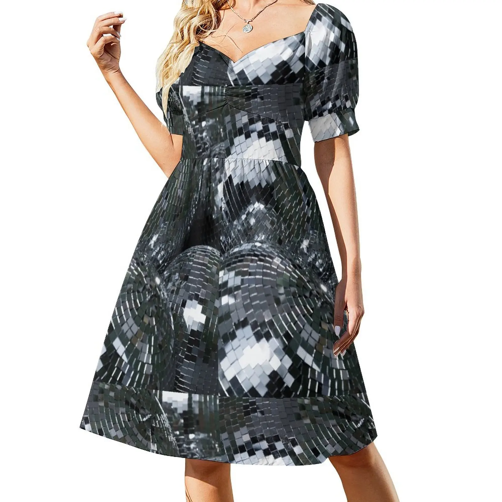 Vestido de manga corta con bolas de discoteca plateadas Ropa de mujer Vestidos de baile Vestidos de verano para mujer Vestido