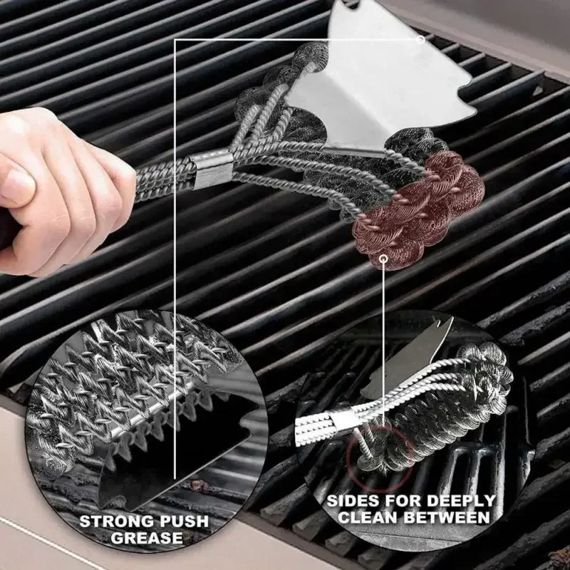 3-in-1 Grill Brush And Scraper Stainless Steel Bristle Free BBQ Cleaning Brush Grill Handle Wide Scraper Barbecue BBQ Tool
