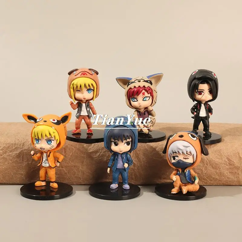 

Anime Naruto Sasuke Kakash Gaara hoodies 6pcs/set Anime figure doll for children's Xmas gift toy 8cm