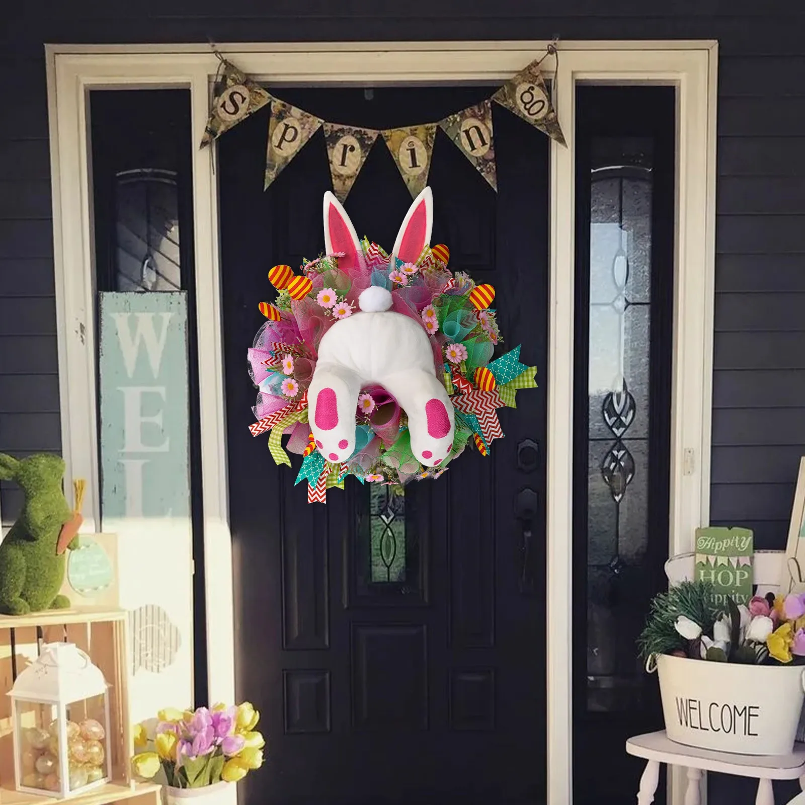 

44*36cm Faux Wreaths Thief Rabbit Bunny Butt Wreath Easter Decoration Garland Home Decor 2024 Door Hanging Wreath Party Supplies