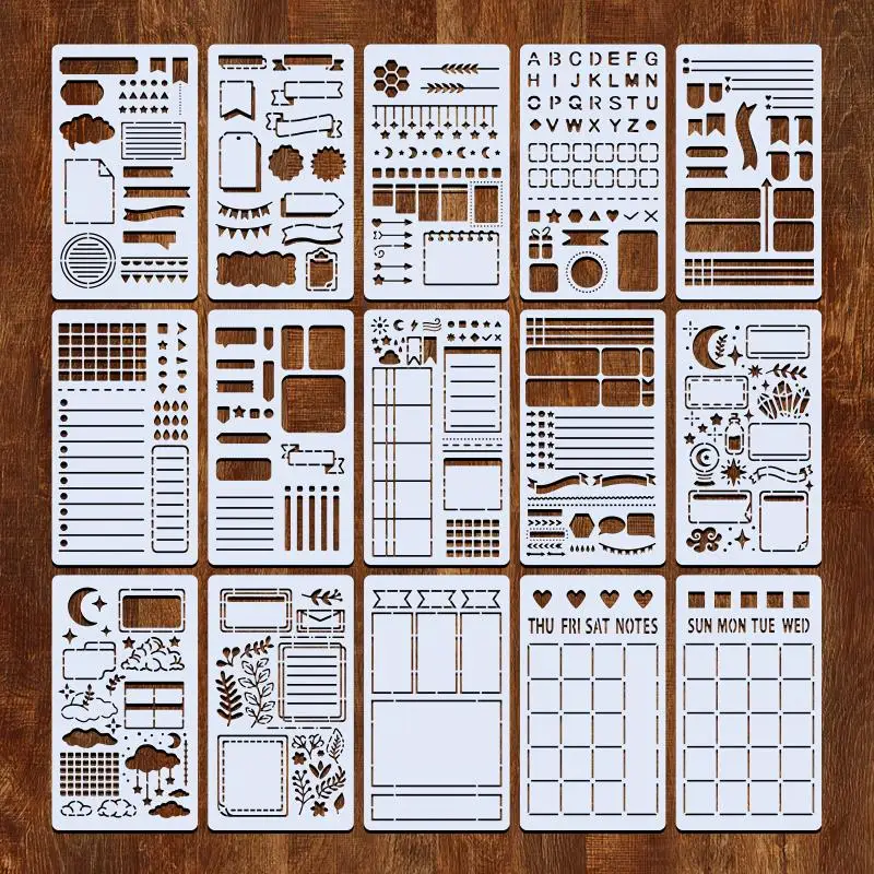 뜨거운 판매 15Pcs 일기 그리기 템플릿 그림 그리기를위한 재사용 가능한 스텐실 DIY 스크랩북 일기 스크랩북 저널 편지지 선물