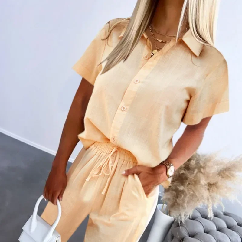 Two-piece Set New Fashion Elegant Pants Short Sleeve Buttoned Top & Drawstring Trousers Suit for Female Streetwear Summer 2024