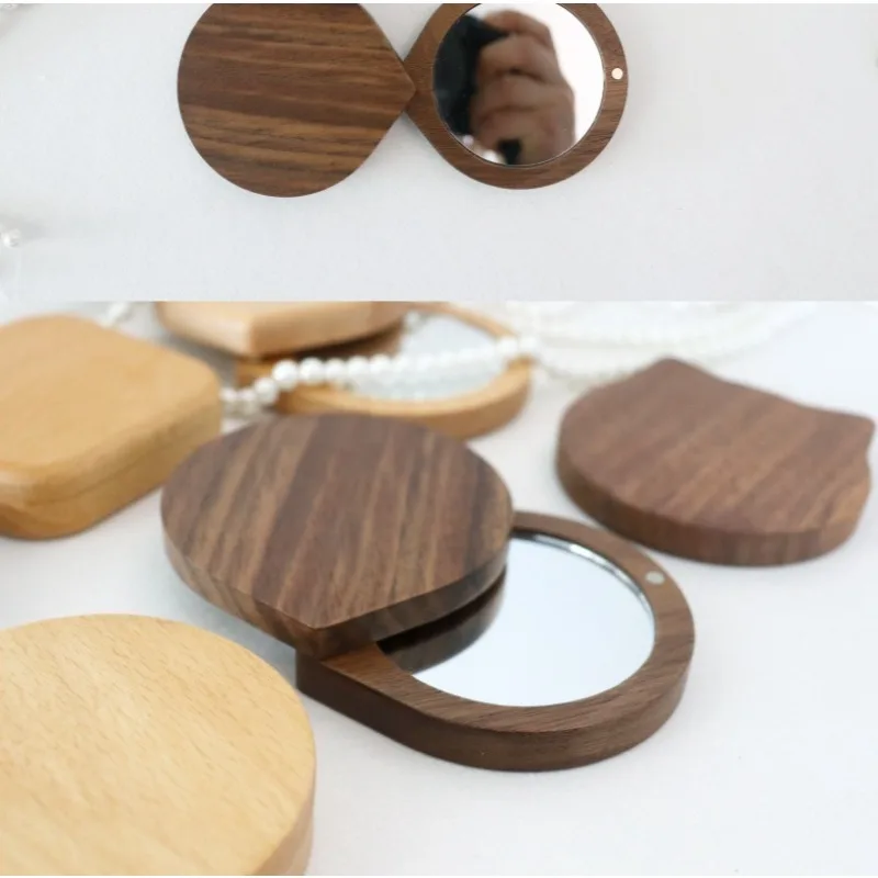 미니 블랙 월넛 우드 메이크업 거울 접이식 회전식 화장 거울 마그네틱 클로저 핸드헬드 컴팩트 포켓 거울