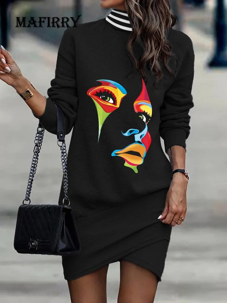 

Spring Autumn Patchwork Half High Collar Dress Women Office Print Mini Dress Streetwear Casual Long Sleeve Slim Fit Lady Dress