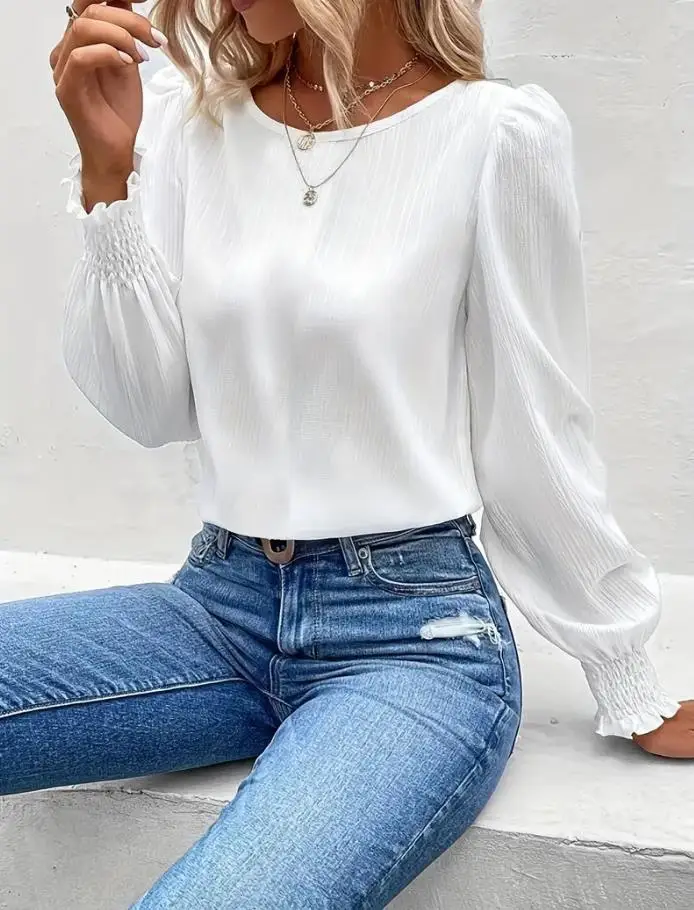 Fashion Woman Blouse 2023 Autumn New Comfortable Fashion Casual Simple Round Neck Long Sleeve Solid Color Shirt Basic Versatile