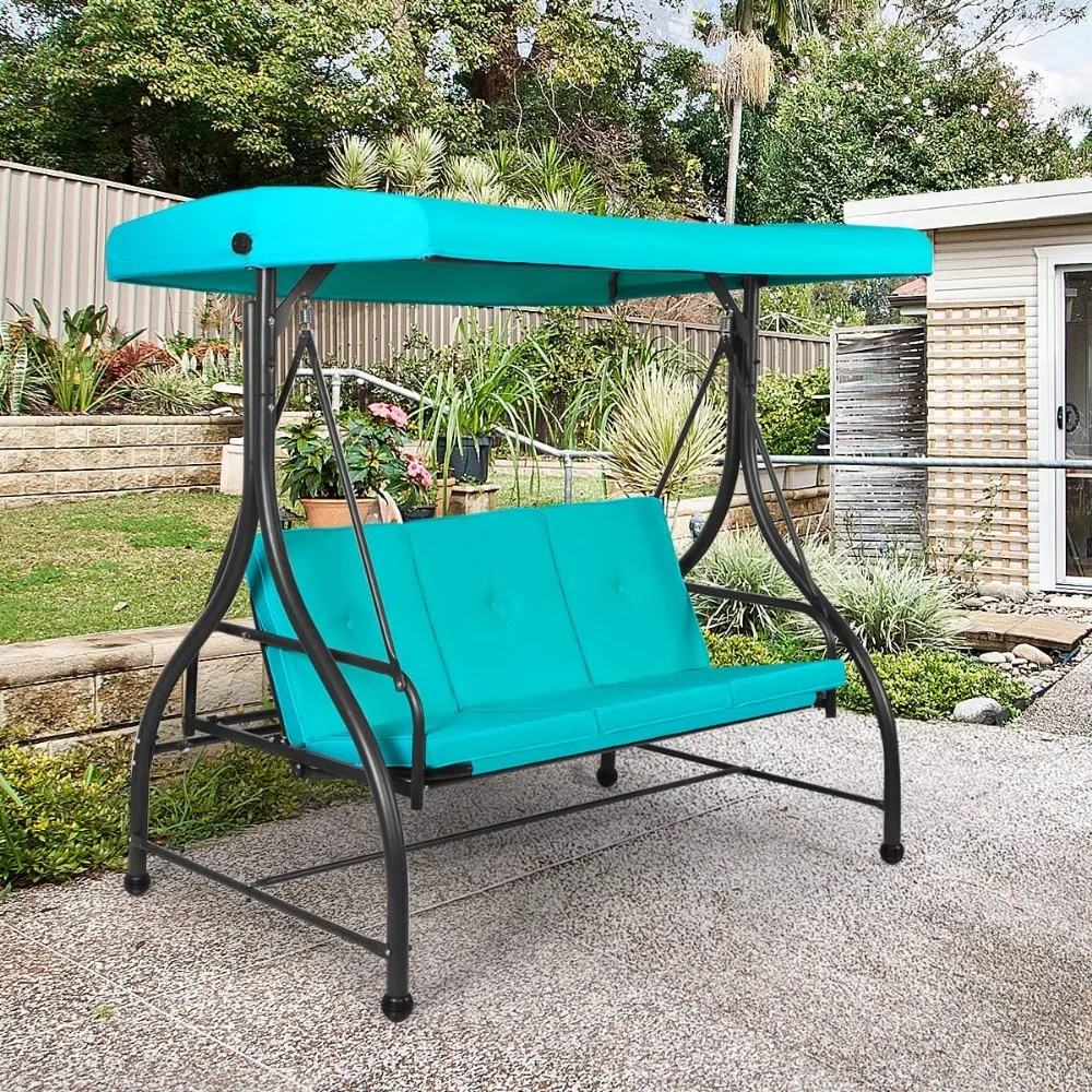 

Outdoor Swing, 3 Seats Converting Porch Garden Adjustable Tilt Canopy Swing with Comfortable Cushion Seats, Patio Swing