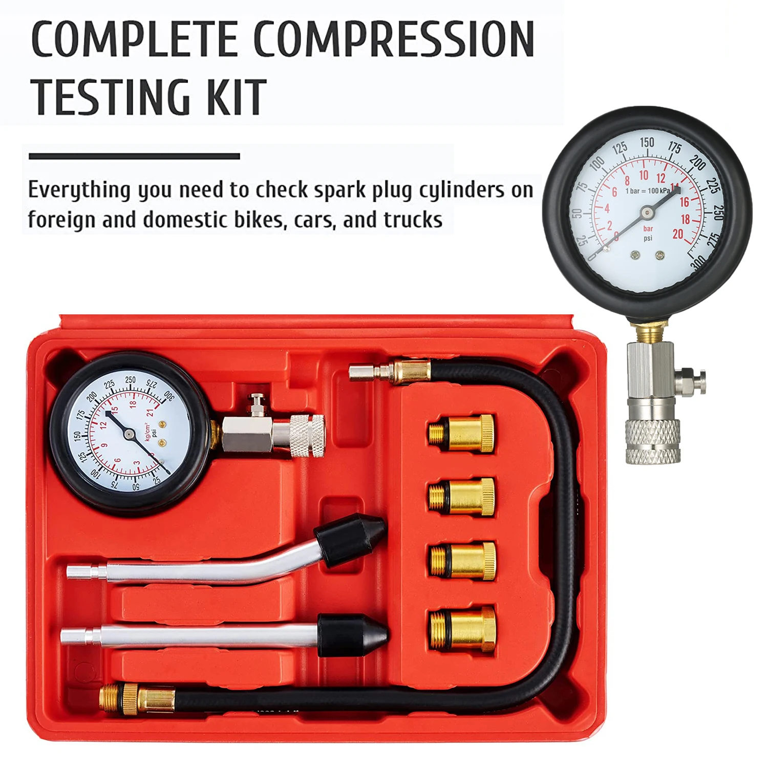 0-300PSI Gasoline Engine Compression Tester Kit 8 PCS Cylinder