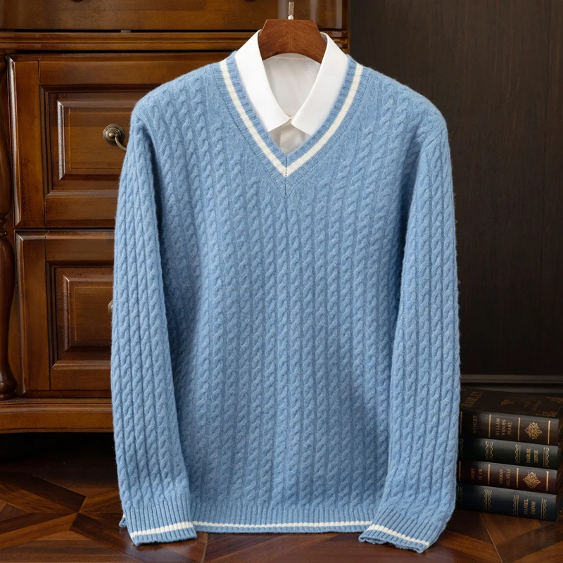 S-XXXL New men's 100% wool V-neck color blocked sweater for autumn and winter, casual knitted pullover full sleeve men's sweater 5