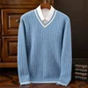 S-XXXL New men's 100% wool V-neck color blocked sweater for autumn and winter, casual knitted pullover full sleeve men's sweater 5
