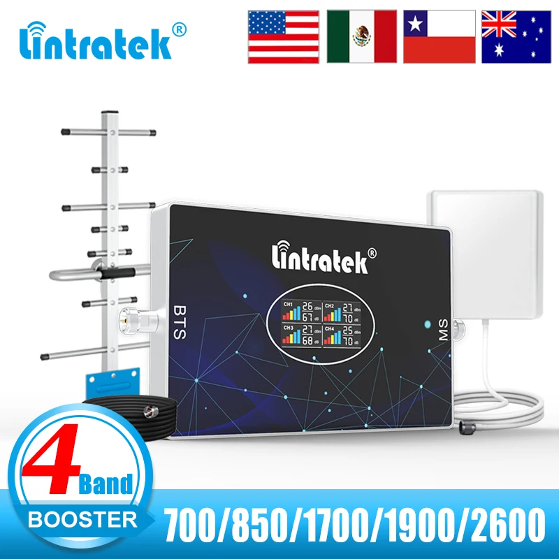 

Lintratek 4 Band Cellular Amplifier B28 700 850 1700 1900 2600 MHz B2 B5 LTE 2G 3G 4G Mobile Signal Repeater 70dB for America