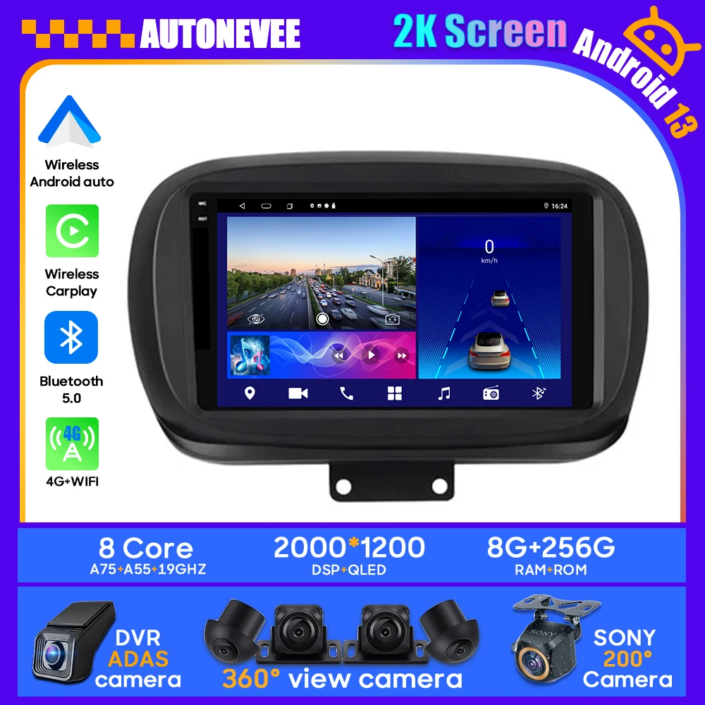 Unità Principale Per Auto Per Fiat 500X 2014 - 2019 Android Auto 4G Lettore Di Navigazione Gps Multimedia Radio Carplay Schermo 2K No 2Din Dvd