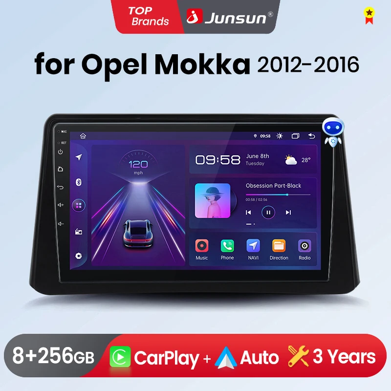 Junsun Kabelloses CarPlay Android Auto Autoradio für Opel Mokka 2012-2016 2 DIN Multimedia-Stereoanlage mit Eingebautem Kühlventilator GPS-Navigation SWC Bluetooth FM RDS DSP IPS-Bildschirm Auto-Intelligentes System 4G WiFi 8-Kern Plug&Play Haupteinheit