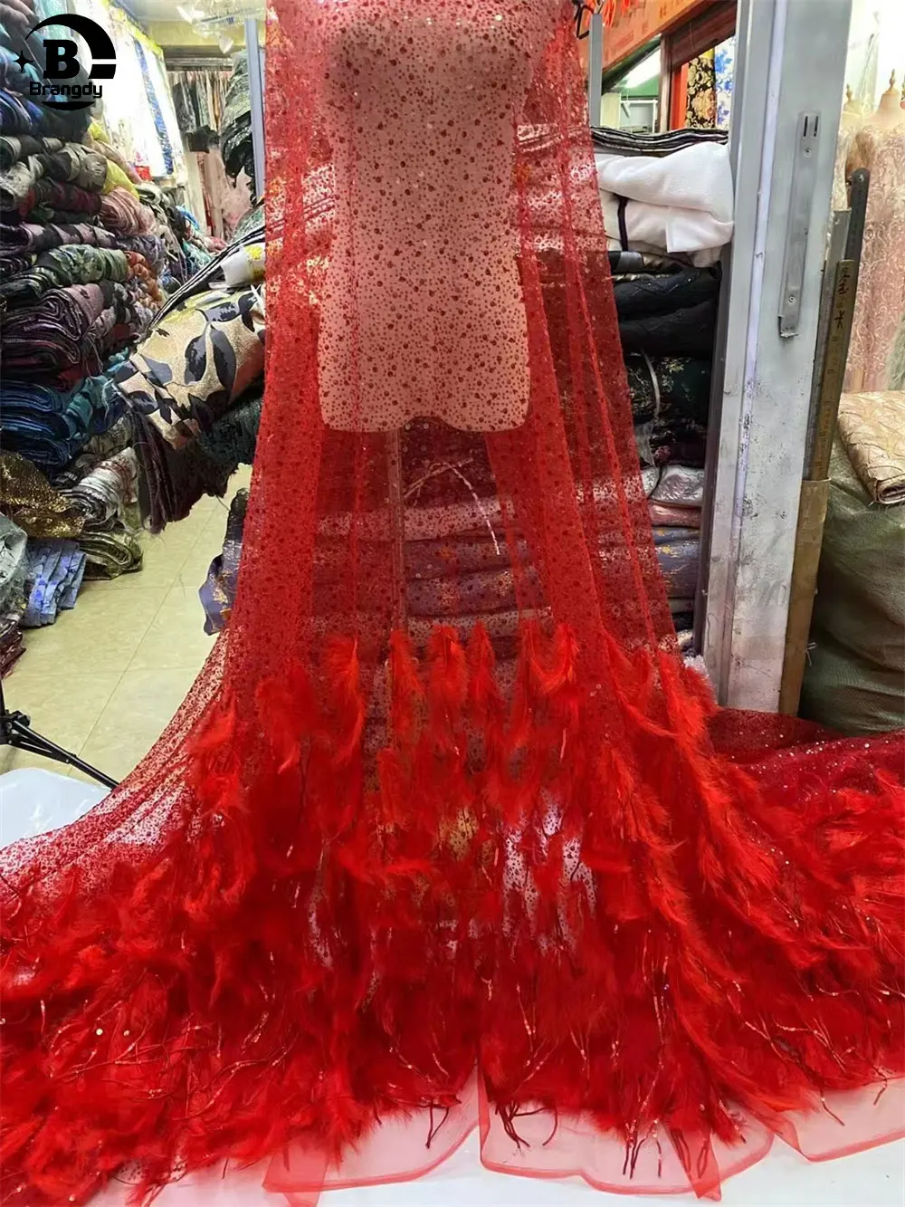 

Luxury African New Arrival 3D Feather Lace Sequins Fabric High Quality French Tulle 5 Yards Fabric Nigeria For Birthday J10026