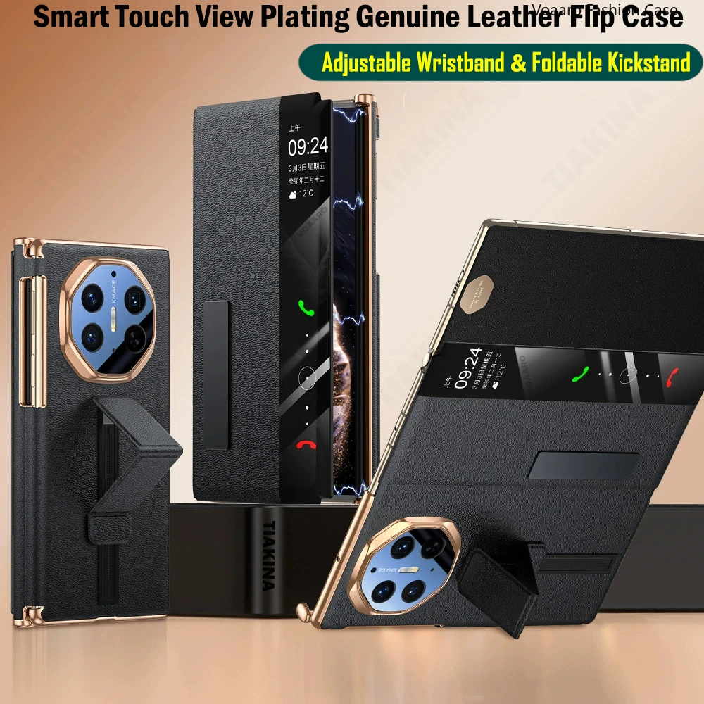 Genuine Leather Smart Touch Flip Case with Adjustable Wristband and Kickstand