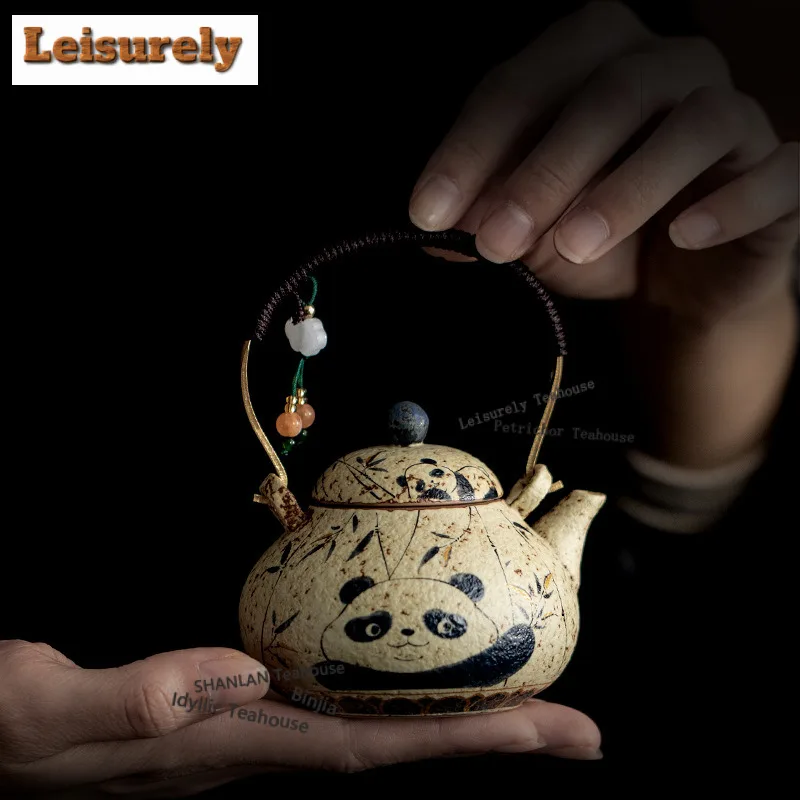 150ML Firestone Red Panda Bamboo Lifting Handle Teapot Aesthetic Tea Infuser Pot Tea Making Kettle With Ball Hole Decoration
