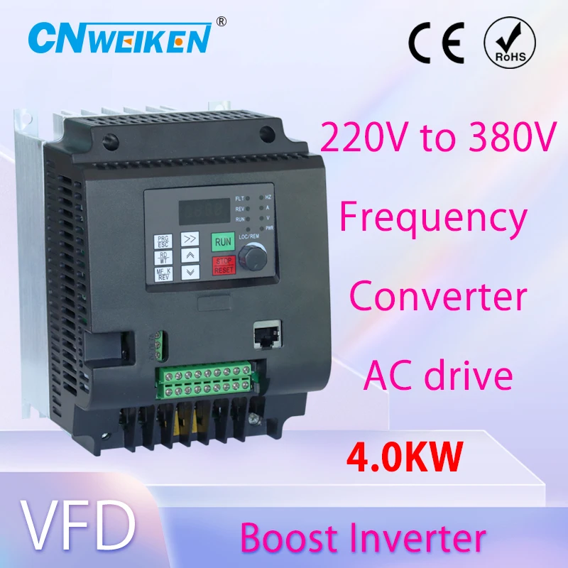 

220V/380V VFD Frequency Inverter Single-Phase Input to 3-Phase 380V 4KW 5HP Output Frequency Converter Variable Frequency Drive